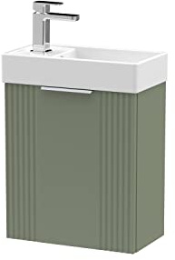 nuie FLT890 Deco Compact Modern Bathroom Wall Hung Part Fluted 1 Door Slimline Vanity Basin Unit with Ceramic Basin, 400mm, Satin Green