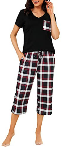 iClosam Pyjama Damen Kurz Schlafanzüge Kurzarm Baumwolle Nachtwäsche Zweiteiliger Top Kurzarm und 3/4 Lang Pyjamahose Karierte V-Ausschnitt Loungewear Set Frauen Freizeitanzug S-XXL