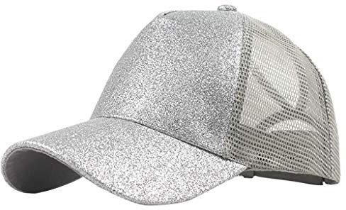 Glitzern Mesh Baseball Cap Damen Einstellbar Baseballkappe Für Pferdeschwanz Sonnenhut Sommersportmütze Sommerhut Damen Pferdeschwanz Baseballkappe Baseball Cap Unisex Sonnenhut (Silver, One Size)