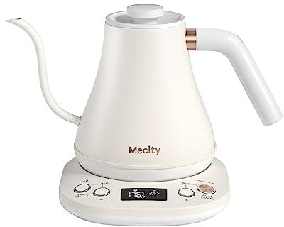 Mecity Electric Gooseneck Kettle, 0.8L, White, Keep Warm Function, Automatic Shut Off, LCD Display, Temperature Control, 1200W, 120V