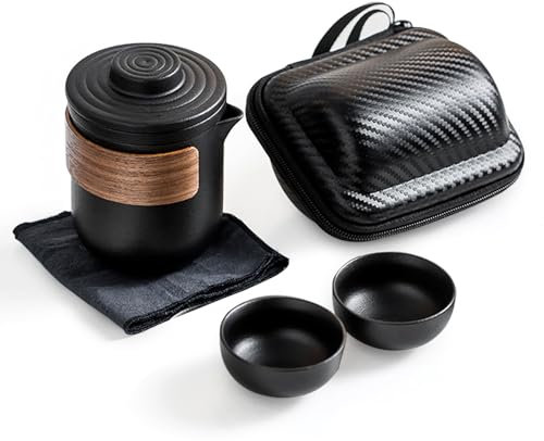 Teiera Giapponese Fornello Portatile con Tazze per 2 Servizio da tè in Ceramica con Scatola Il Design a Becco D'aquila Separa Efficacemente le Foglie di tè Maniglia Isolata in Legno Set per Esterni
