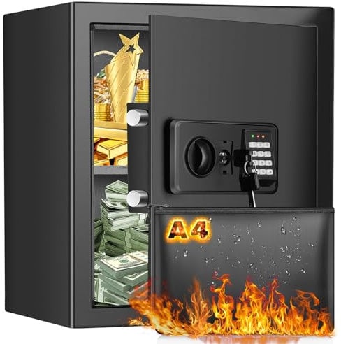 Caja fuerte de 40 L, resistente al fuego, con bolsillo para documentos ignífugo, caja fuerte digital con estante extraíble, caja fuerte para muebles con cerradura de combinación para joyas doradas,
