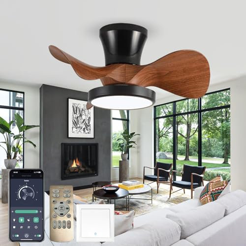 Caufloce Small Modern Ceiling Fans with Lamps Reversible Timer Ceiling Fans with Lights 6 Speed Dc Dimmable Silent Light with Fan with Remote Control for Bedroom Living Room-Black Woodgrain