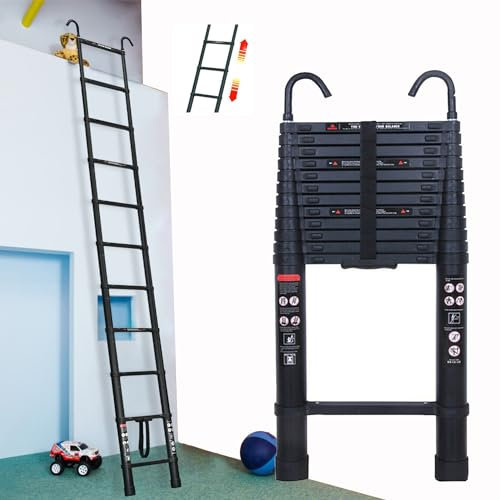AutoBaBa 3.2m Telescopic Loft Ladder with Hooks, Aluminium, 11 Steps, 150kg Capacity, Black