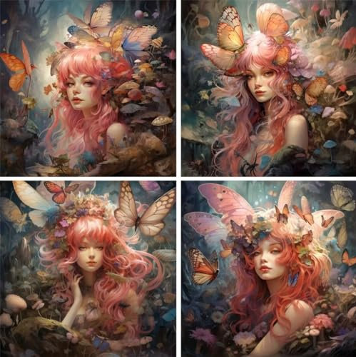 Diamond Painting Frau, 4 Pack Diamant Painting Bilder Schmetterling Diamond Art Painting Erwachsene, Runden Full Drill 5D DIY Diamond Painting 4er Set, Zimmer Deko Wohnzimmer Geschenk Mädchen 78x78 CM