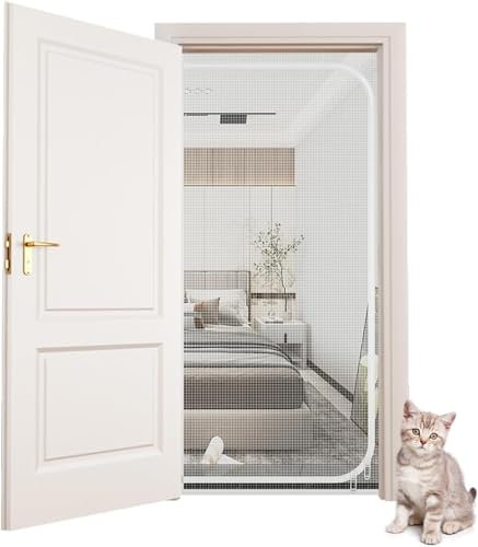 Zipper Pet Screen Door Cat Resistant Mesh Screen 100X210cm Cat Resistant Door Screen With Stop Cats Running Out Thickened Cat Resistant Mesh Screen Door For Cat Pet Home Bedroom ( Color : White , Size