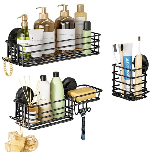 TAILI Shower Caddy Suction Cup 3 Pack for Inside Shower Shelves with Hooks & Soap holder & Toothbrush Holder, NO-Drilling Bathroom for Inside Wall Mounted Kitchen Accessories, Black