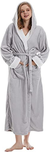 DiaryLook Fluffy Ladies Dressing Gown with Hooded, Super Soft Loungewear Robe for Women, Dressing Gowns for Women UK Bathrobe (A-Light Gray M)