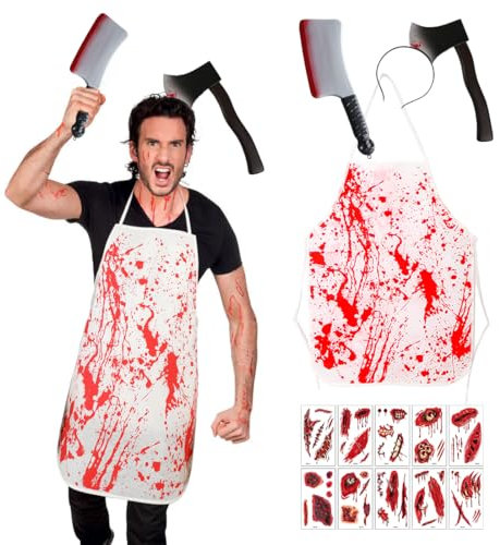 Sprinlot Halloween Horror Schürze Set, 4 Stück Horror Haarreif, Halloween Messer im Kopf, Halloween Kostüm Horror Set, Horror Accessoires Halloween Damen Herren