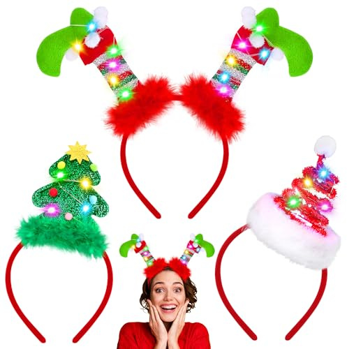 Aodaer 3 Pack Christmas LED Headbands Holiday Light Up Costume Tree Elf Headwear Glowing Hair Hoop for Christmas Party Favors