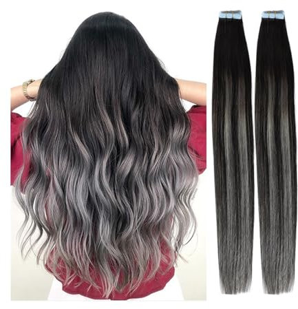 XXAD553TY Tape Extension Echthaar 20 stücke Ombre Balayage Tape in Extensions Echthaar Schwarz Aschblond Farbe Highlights Tape Remy Tape in Extensions(24inch)