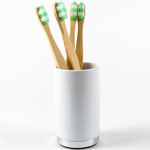 Pebble Grey™ Elemental Ceramic Toothbrush Holder for Bathrooms, Round Toothbrush Cup, Padded Bottom, Freestanding (Chrome)