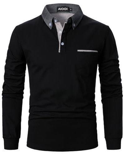 AIOIDI Polos à Manches Longues Hommes Tops Chemise de Golf Décontractée avec Poche Réelle Noir XL