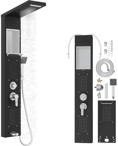 SUBTLETY Panel de ducha de acero inoxidable 5 en 1, columna de ducha con cabezal de ducha de lluvia, cascada, chorros de masaje, ducha de mano y entrada de bañera, ducha de lluvia con grifo, juego