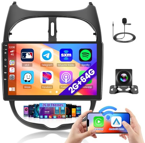 Hikity 2+64G Android Radio para Peugeot 206 206CC 2001-2016/Cirteon C2 Carplay Android Auto, 9 Pulgadas Pantalla Táctil Radio Navegación GPS WiFi Bluetooth EQ FM RDS SWC Cámara Trasera