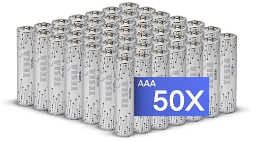 Tesla Future Batteries AAA Batteries Pack Of 50 LR3 Alkaline Batteries 1,5 V Powerful Long-lasting TESLA SILVER +