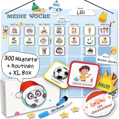 PANDABANDE® XL Wochenplaner Kinder [300 Magnete, XL Box, Routinen] - Montessori Spielzeug ab 3 Jahre - Ideal zum Wochentage Lernen, Kinderkalender