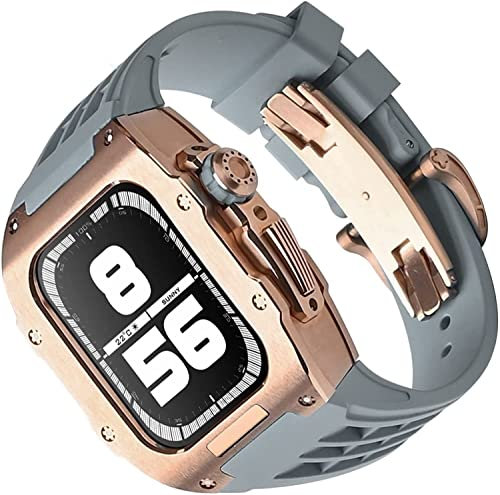 XNWKF Kit de correa de fluoroelastómero de acero inoxidable, para Apple Watch SE 8 7 de 45 mm y 44 mm, marco de metal, correa de goma, accesorios de reloj, para iWatch 6, 5, 4 SE, piezas de repuesto,