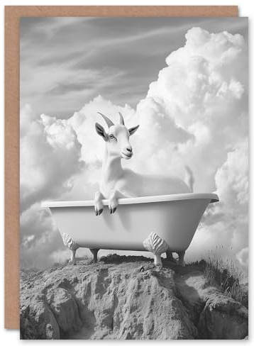Artery8 Greeting Card Goat in a Bathtub on a Hill Black White Surreal Blank For Him Or Her Art Birthday Card
