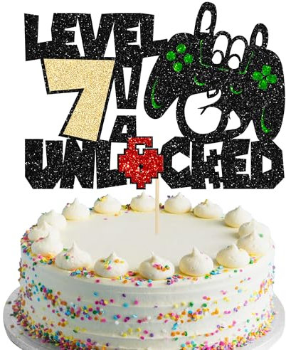 Gyufise 1Pcs Video Game 7th Birthday Cake Topper Controller Cake Pick Level 7th Unlocked Party Cake Decorations for Level Up Seventh Teenagers Birthday Party Decors