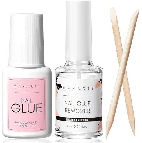 Makartt Nail Glue Remover Kit and Extra Stark Nagelkleber für Kunstnägel, 7ML Nail Glue, 10ML Aceton-freier Nagelkleber Entferner für Kunstnägel with Wooden Stick, für Press on Nails Fake Nails
