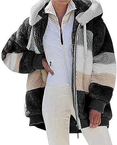 Livonmone Fleecejacke Hoodie Damen Kapuzenpullover Teddy-Fleece Warm Herbst Wintermantel Stilvoller ReißVerschluss Fellmantel PlüSchjacke Mit Taschen