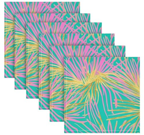 Lot de 6 serviettes de table de Noël réutilisables en tissu de palmier tropical rose poudré et feuilles dorées, lavables et réutilisables, lavables et respectueuses de l'environnement, style