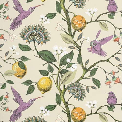 Decotalk Lemon Bird Wallpaper Peel and Stick - Lemon Tree Wallpaper Light Green Floral Bird Wallpapers for Bedroom Bathroom 44.5X300cm Lemons Tree Vintage Flowers Birds Wall Paper, Renter Friendly