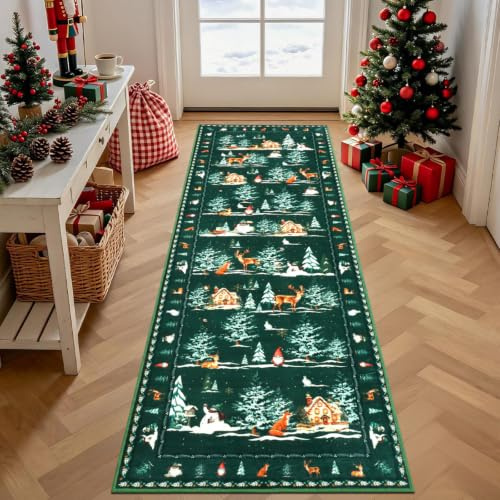 GEANUP Weihnachtssläufer Teppich für Flur 60x180 cm Grün Läufer Weihnachten | Waschbarer Schneemann Küchenteppich, Kurzflor Läufer für Wohnzimmer Schlafzimmer Waschküche Badezimmer Weihnachtsdeko