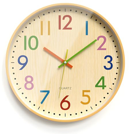Kinder Wanduhr Ohne Tickgeräusche, 30cm Wanduhr Modern, Küchenuhr, Bunte Zahlen Lernuhr Quarz Lautlos Modern Holzmaserung Kreative für Kinderzimmer Mädchen Jungen Schlafzimmer Küche Wohnzimmer
