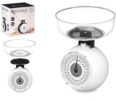 Báscula de Cocina Mecánica con Recipiente Medidor Desmontable - Capacidad hasta 5 kg | Báscula Analogica - Facil de Usar para Pesar Alimentos, Liquidos | No necesita pilas (1.1 Litros)