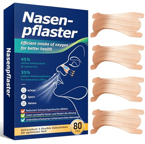 Nasenpflaster Anti Schnarch, 80 Stück, 3-fach Stütze für Besser Atmen | Hypoallergene Nasenpflaster gegen Schnarchen mit 3-fach Stütze † für Sport, Erkëltung und besseres Atmen.