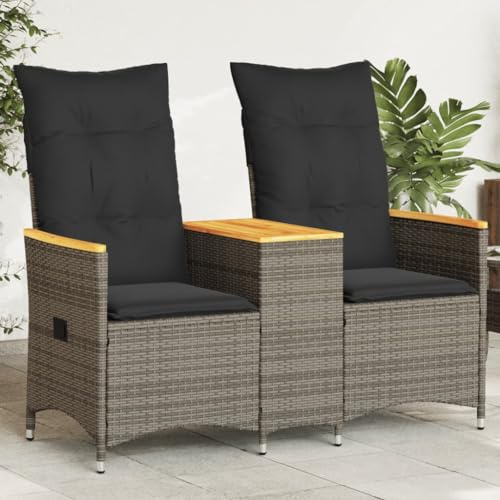 QUAHEAS Gartensofa 2-Sitzer Verstellbar mit Tisch, Grau Poly Rattan, UV-beständig, 130 cm Breite, Bequeme Kissen, für Terrasse & Balkon, pflegeleicht