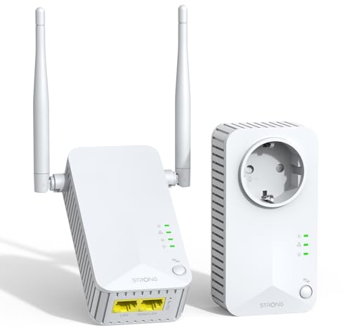 STRONG AV600 Kit Powerline WiFi con Presa Integrata, WiFi 300 Mbps per Casa | Plug & Play, Tasto Pair, LAN 100 Mbps, Connessione Sicura, Risparmio Energetico, Internet Stabile per TV, PC & Console