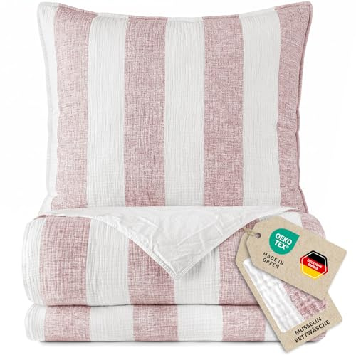 Pure Label Musselin Bettwäsche Set 2-TLG. 1x135x200cm 1x40x80 weich, Mauve | Anschmiegsam, atmungsaktiv und gestreift für gemütlichen Schlafkomfort
