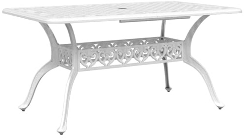 pokgdf Table de jardin blanche 150 x 90 x 72 cm en fonte d'aluminium avec trou pour parasol et motif élégant pour terrasse, jardin, extérieur, intérieur, durable, facile d'entretien