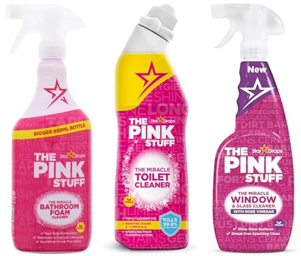 The Pink Stuff 3er Set Badezimmer – Bad-, WC- und Glasreiniger (1X The Pink Stuff WC-Reiniger -750 ml) (1XThe Pink Stuff Badreiniger -850 ml) (1XThe Pink Stuff Glasreiniger -850 ml)