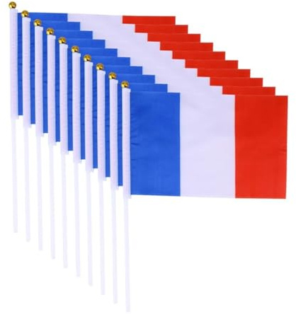 TOKIDNY 50 Mini Drapeaux Français Légers Bâton en Plastique Blanc et Tête Dorée 14x21cm pour Petits Défilés et Matchs Internationaux, Couture Lisse