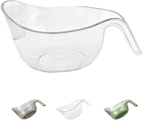 Rice Rinsing Bowl with Strainer, Multipurpose Rice Washing Bowl Strainer with Handle, Multipurpose Use, Fine Drain Holes, Fruit & Veggie Safe, Easy Grip Handle, Washing & Draining (Transparent)