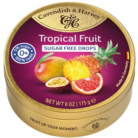 Cavendish & Harvey Sugar Free Tropical Fruit Drops 175g Dose | Mango, Grapefruit, Passionsfrucht, Ananas | Zuckerfrei | Vegan, Halal, Koscher | 1 x 175g