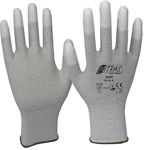 Nitras ESD-Handschuhe 6230T, antistatisch, touchscreenfähig, teilbeschichtet auf Fingerkuppen - 12 Paar, Größe:6