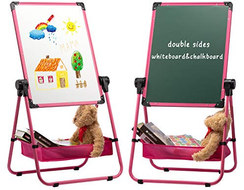 DOEWORKS Kinder Staffelei Magnetische Whiteboard U-Ständer, Doppelseitiges Whiteboard & Kreidetafel Schreibbrett mit Zubehör, Kinder Tafel Höhenverstellbar & 360°Rotation, Rosa