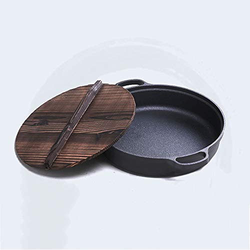 LTLWSH Cast Iron Skillet with double handle Frying Pan Wooden lid for Halogen Furnace Electric Ceramic Stove Electric Furnace Induction Cooker 31cm - Black