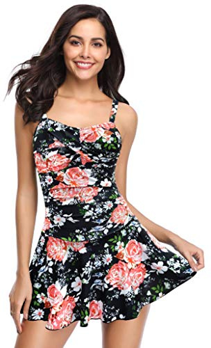 SHEKINI Mujer Bañador con Falda Traje de Baño Elegante Ruched Control Abdomen Tankini Deportivo Ajustable Falda de Baño de Una Pieza