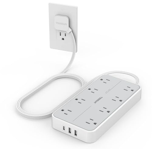 TESSAN Power Strip Surge Protector, Flat Plug Extension Cord with 8 Outlets 3 USB Charger(1 USB C), 1080 Joules Protection, Wall Mountable Charging Station for Home Office School Dorm Room Essentials