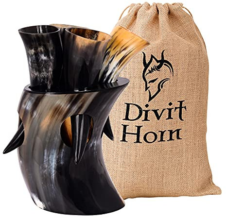 Divit Véritable corne à boire Viking avec présentoir en bois | Corne à boire de la bière médiévale authentique | Décorations en laiton et pochette cadeau en lin incluses. (35 ml, Horn Shot (Set of 4))
