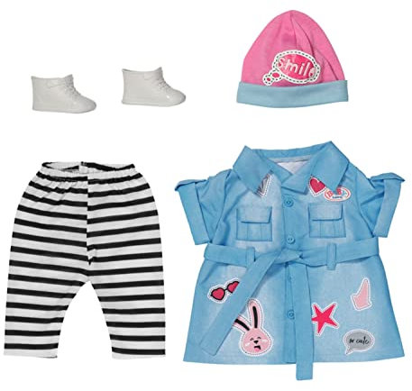 BABY born Deluxe Jeans Kleid, Puppenkleid mit gestreifter Leggings, rosa Mütze und Schunen für 43 cm Puppen, 832585 Zapf Creation