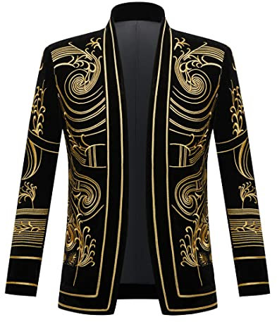 PYJTRL Herren Blazer/Anzugjacke mit goldfarbener Stickerei, Schwarz (XS, goldene Blume)