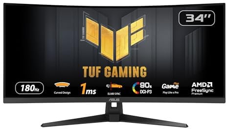 ASUS TUF Gaming VG34VQ3B - 34 Zoll UWQHD Curved Monitor - 180 Hz, 1ms MPRT, FreeSync, ELMB, DisplayHDR 400 - VA Panel, 21:9, 3440x1440, DisplayPort, HDMI, USB, ergonomisch, Speaker