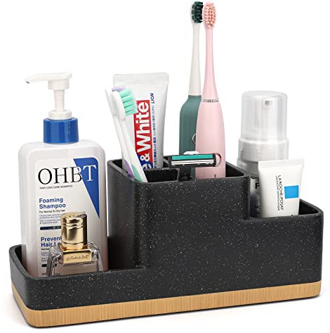 Resin Zahnbürstenhalter mit Marmoroptik Design – 5Fächer Schwarz, Großes Badezimmer-Aufbewahrung für Elektrische Zahnbürsten, Rasierklingen, Zahnpastatuben